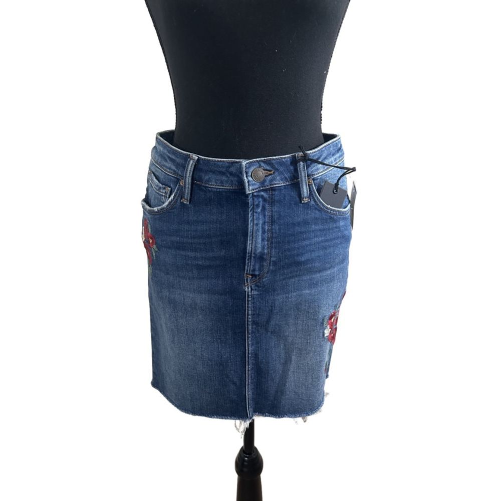 Mavi Blue Denim Skirt with Floral Embroidery, Size Small